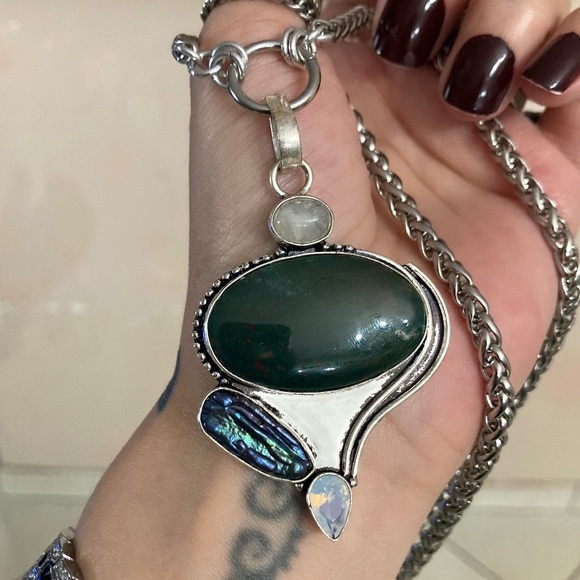 925 sterling silver overlay heliotrope moonstone opalite & pearl boho necklace - Picture 12 of 14